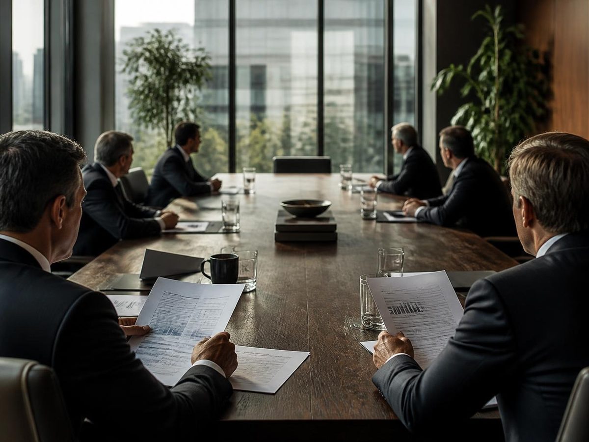 Executives reviewing reports around a boardroom table