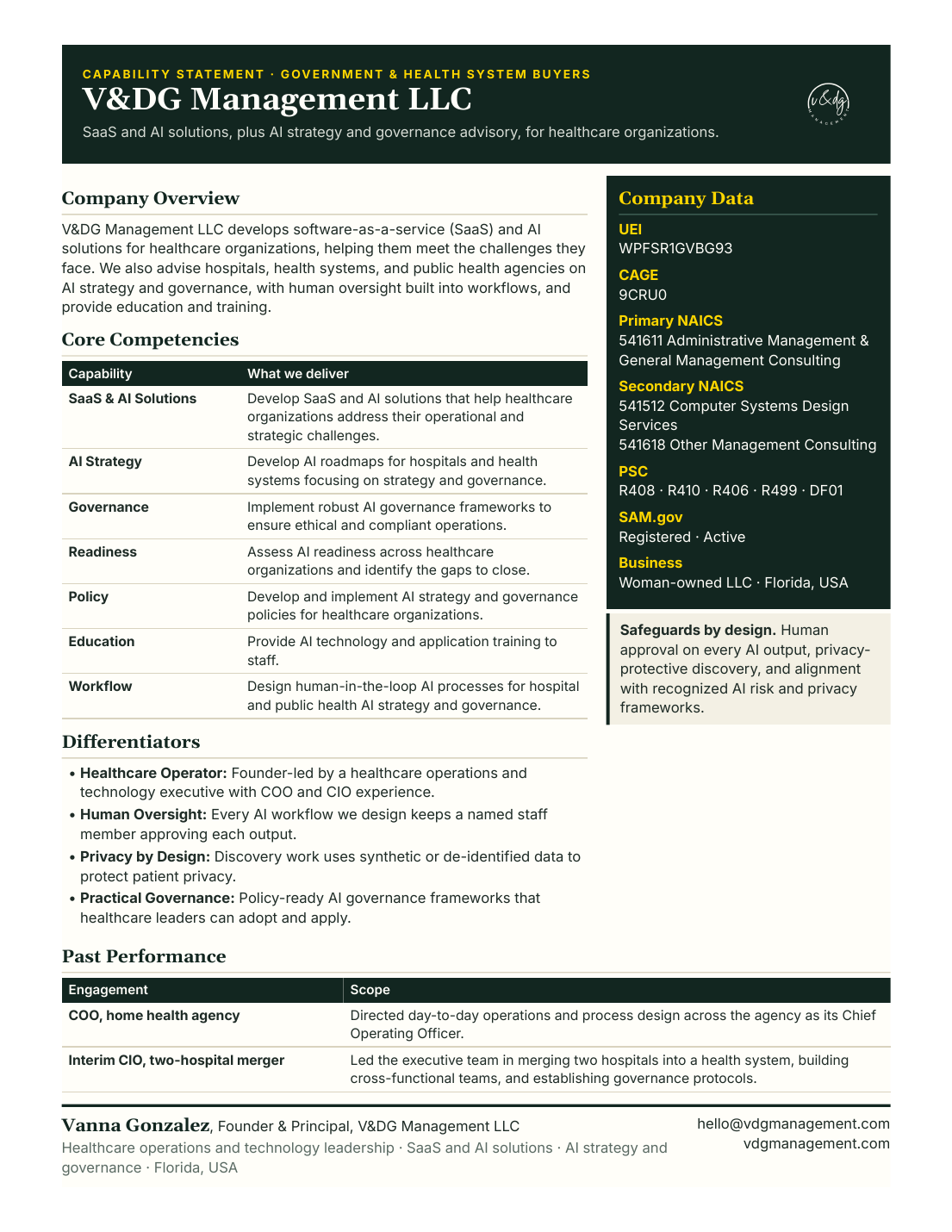 First page of the V&DG Management LLC capability statement, showing the company overview, core competencies, differentiators and company data.