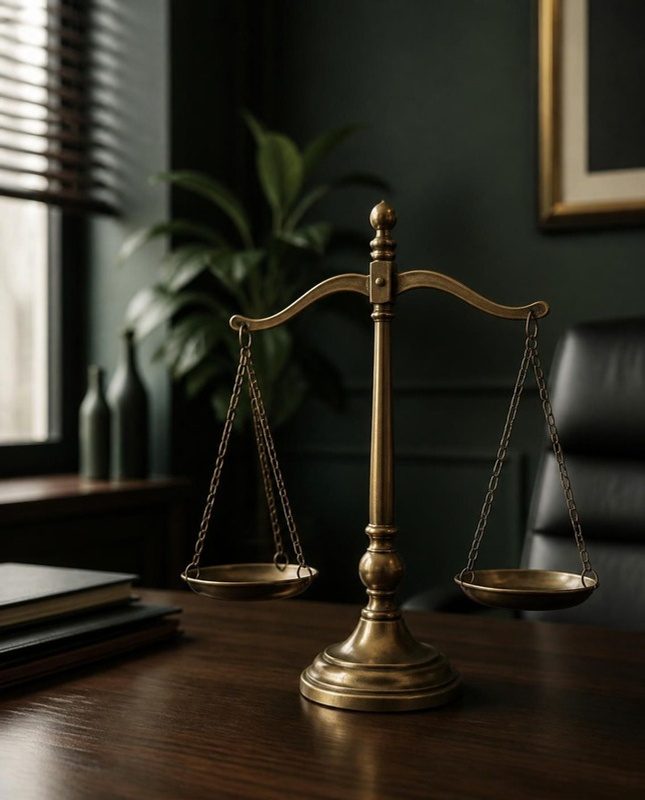 A brass balance scale on an executive desk