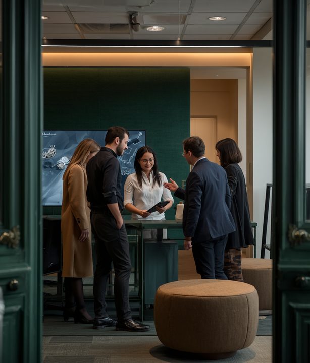 A small team reviewing work together in a modern office