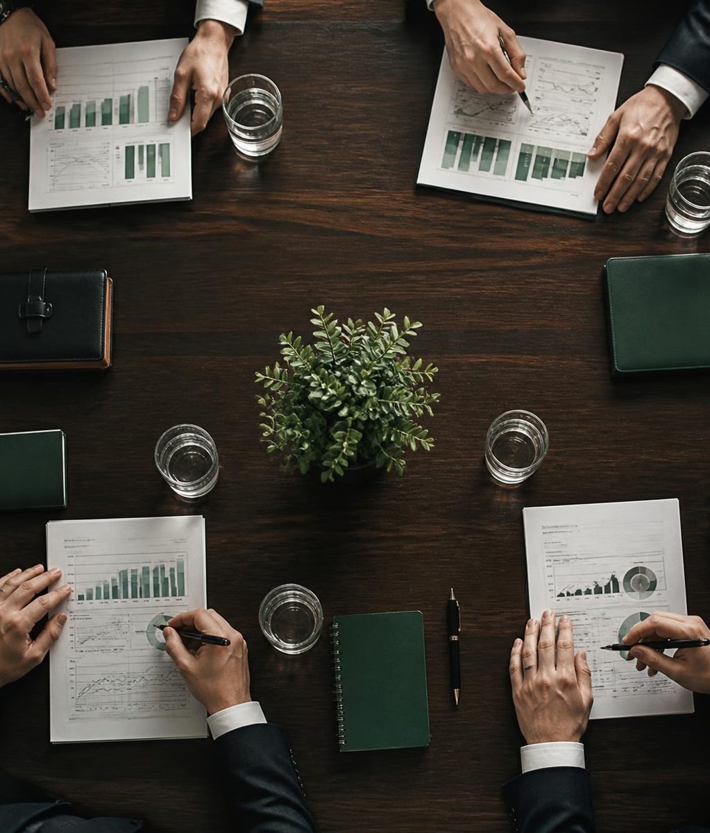 Overhead view of executives reviewing reports at a walnut boardroom table
